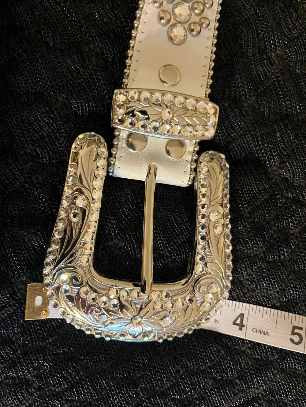 B.B. Simon Crystal-Studded Leather Belt with Rhinestone Buckle